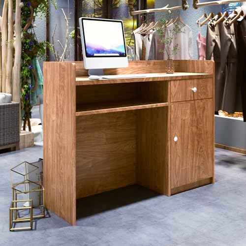 Modern Reception Desk with Drawer and File Cabinet ? Front Counter Table for Office, Salon, Spa, Retail ? Small Reception Desk for Small Spaces (European Oak, 47.24in)