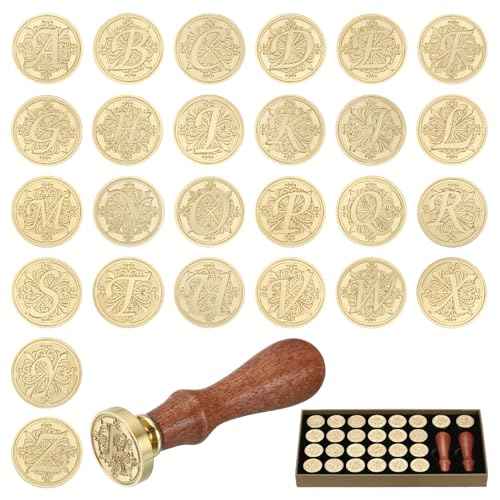 PATIKIL Alphabet Wax Seal Stamp Kit, 26 Letters A-Z Sealing Wax Stamp with 2pcs Wooden Handles, Gift Box Letter Initial Brass Head Vintage, Style 2