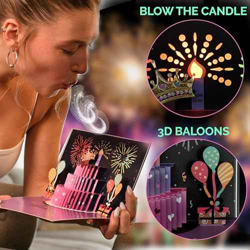 3D Pop Up Happy Birthday Cards for Men ? LED Fireworks & Music with Blow The Candle, Gold Crown, 3D Balloons, Blue Design - Happy Birthday Card for Him - Dad, Husband, Boys & Son (8.27" x 5.27")
