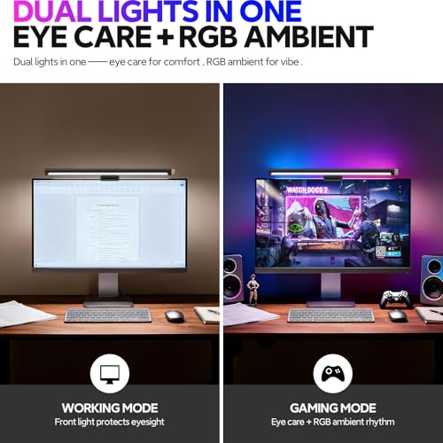 Monitor Light Bar with RGB Backlight, Flat/Curved Screen Bar Reduce Eye Strain Monitor Lamp USB Powered Led Desk Lamp 17.7 inch with Dimming Memory for Desktop Space Saving and Gaming Home Office