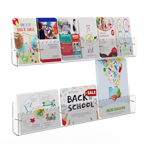 Brochure Holder Wall Mount, 2 Pack Acrylic Modular Flyer with Adjustable Magnetic Golden Bolt, Wavy Lace Pamphlet Display Stand for Organizer Trifold Flyer, Document, Leaflet, 6 Slots