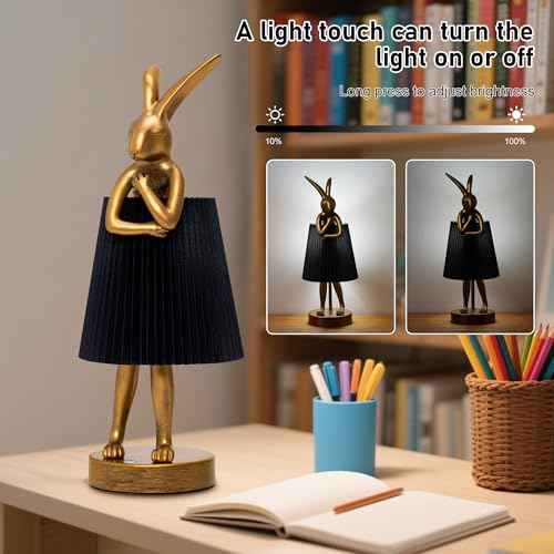Rabbit Table Lamp with Linen Shade & Gold-Toned Resin Base Cordless Rechargeable LED Table Lamp for Kids Room, Bedroom, Nightstand, Nursery.