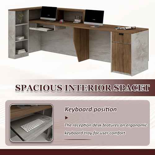 L-Shaped Reception Desk with Counter and Lockable Drawers and Storage,Modern Front Desk Reception Counter for Checkout, Lobby, Beauty Salon (Glacial Grey_A, Right_87*24 * 41IN)