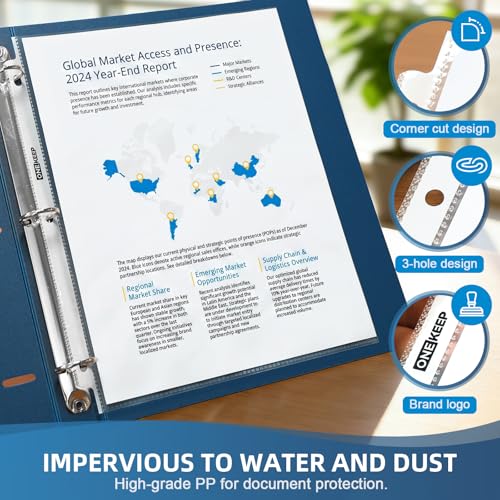 Clear 100 Pack Top Loading Sheet Protectors with Reinforced Edges - 3-Hole Pages, PVC-Free, Office & Document Protection
