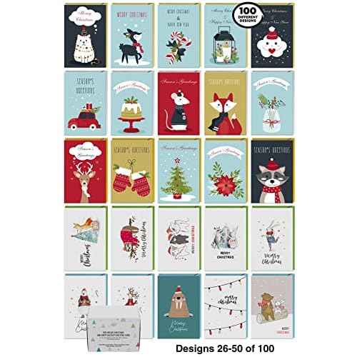 Dessie 100 Unique Modern Christmas Cards with Envelopes and Matching Sealing Stickers. Happy Holiday Cards with Short Greetings Inside. Bulk Christmas Cards Boxed with Envelopes