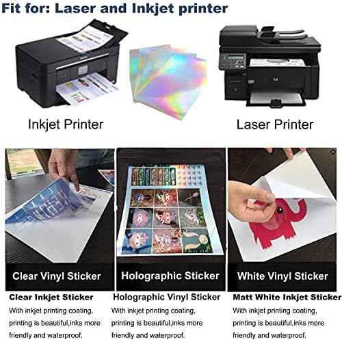 100 Sheets Holographic Sticker Paper 8.5x11 Inch Printable Waterproof Sticker Labels Rainbow Vinyl Sticker Paper for Inkjet or Laser Printer