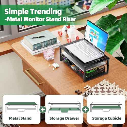 Simple Trending 2 Pack 2 Tier Metal Monitor Riser Stand and Computer Desk Organizer with Drawer, Black
