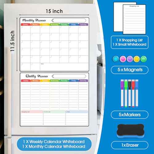 MaxGear 4 Pack Magnetic Fridge Calendar Set, 15" x 11.5" Dry Erase Whiteboard Calendar for Refrigerator, Includes Monthly, Weekly, List and Small Board with 5 Markers, 1 Eraser and 5 Magnets