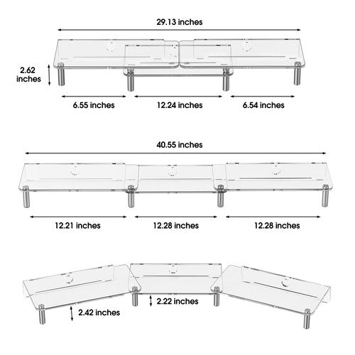 HEWYIOS dual monitor stand riser, 3-layer transparent acrylic monitor stand with anti slip pad, adjustable length and angle, suitable for 2 monitors, desktop, laptop, PC, printer, TV screen