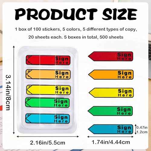 5 Pack 500 Pcs Sign Here Sticky Tabs, Multicolor Sign and Date Post It Flags, Signature Tabs, Initial Here Post It Flags, for Notary, Office, Books, Documents (500pcs)