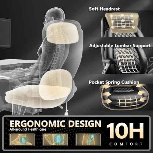 600LBS Large Heavy Duty Office Chair with 5D Flip Arms, Comfy Big and Tall Executive Office Desk Chair with Pocket Spring Cushion,High Back Computer Chair with Lumbar Support,Dual Rubber Wheel