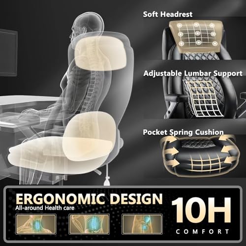 Indulgear Heavy Duty Office Chair 600LBS Black Large Executive Desk Chair with 5D Flip Arms & Lumbar Support