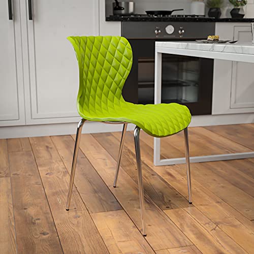Emma + Oliver Citrus Green Plastic Stack Chair - Contemporary Diamond Quilt, Ergonomic 17W x 20D x 31H