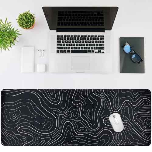 Gaming Mouse Pad Large 31.5 x 11.8in Topographic Keyboard Mousepad for Non-Slip Base and Stitched Edge, Extended Desk Pad XL Desk Mat (Black)