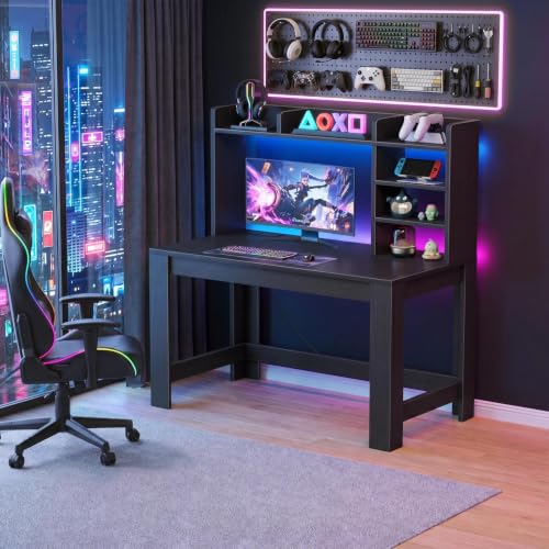 43in Black Gaming Desk with Hutch, Built-In Power Outlet & USB Ports