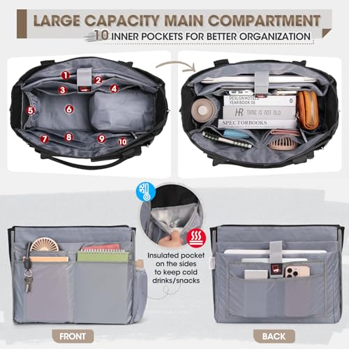 RAINSMORE Teacher Tote Bag with Insulated Lunch Compartment 15.6 inch Laptop Bag for Women Lightweight Work Bags Nurse Bags