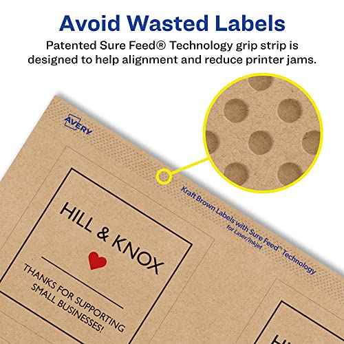Avery Kraft Brown Square Labels, Sure Feed Technology, 3" x 3", 300 Kraft Brown Labels, Print-to-The-Edge, Laser/Inkjet Printable