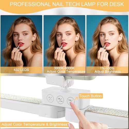 Nail Tech Lamp for Desk, Large Half Moon Light Touch Control with Phone Holder, 29 in 48W Brightness Adjustable Lash ARC Light for Manicure, Tattoo, Spa, Salon, 3000K-6000K LED Manicure Lamp (White)