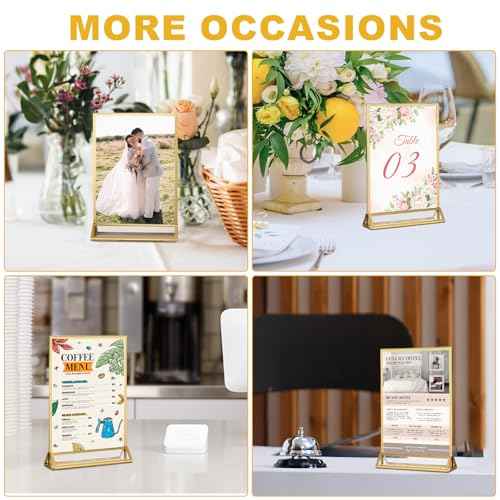 EHWINE 12 Pack Acrylic Sign Holder 5 x 7, Double Sided Gold Picture Frame Stand up Table Top Sign Holders, Clear Display Stand Menu Flyer Holder for Wedding Party (Provide Non-slip Mats)