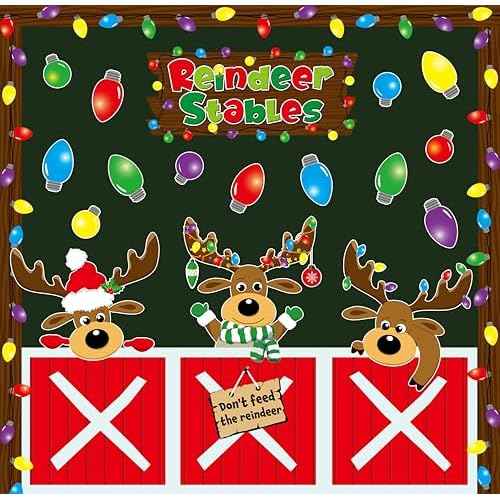 53 Pcs Christmas Bulletin Board Decorations Set Xmas Reindeer Stable Classroom Decor Xmas Bulb Elk Paper Cutouts with Borders for Door Wall School Classroom Winter Holiday Party Supplies