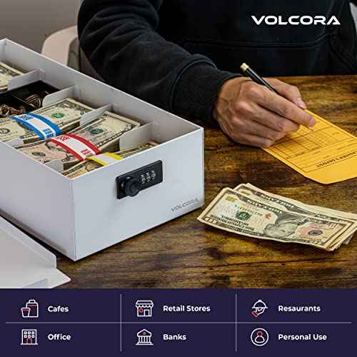 Volcora Cash Box Money Organizer - 15¡± x 7.5¡± x 4¡± Cashbox 5 Compartments Drawer Tray - Bills and Coin Slot with Combination Lock for POS Register, Kiosk, Retail, Personal and Business Use, White