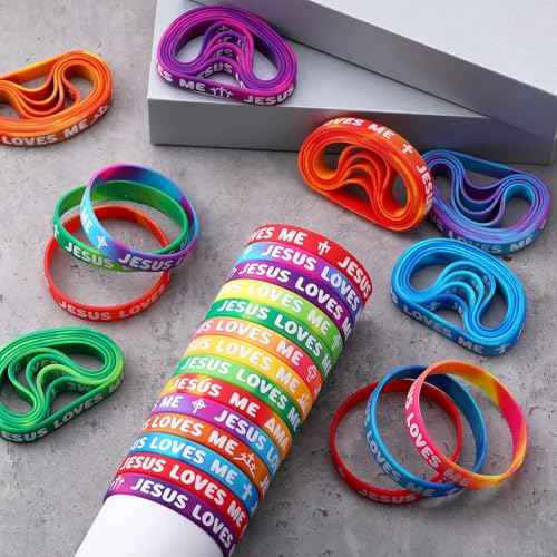 150 Pcs Jesus Loves Me Wristbands Bulk 10 Styles Rainbow Religious Silicone Bracelets Christian Cross Silicone Wristbands Gift for Bible School Church Group