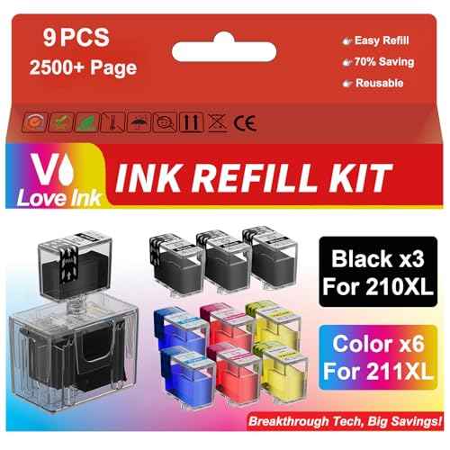 PG-210XL CL-211XL Ink Refill Kit for Canon 210XL and 211XL Ink Cartridges Black Color Combo Pack Work with PIXMA MX410 MX340 IP2700 IP2702 MP240 MP250 MP495 Printer, 9 Pack (3BK/2C/2M/2Y)