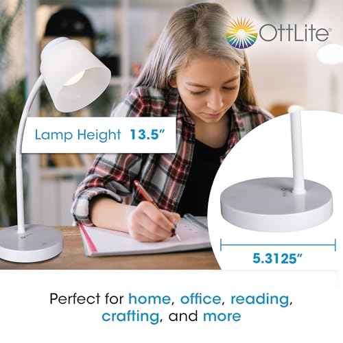 OttLite Clarify LED Desk Lamp with 4 Brightness Settings ? Touch Activated Controls, Modern White Design, ClearSun LED Lighting, Flexible Neck, for Work, Study, Reading, Crafting