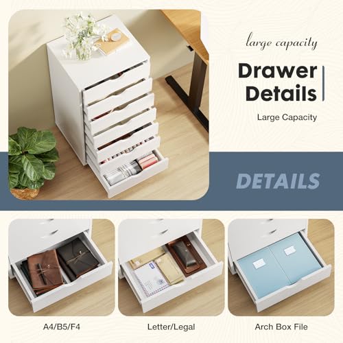 DUMOS 7 Drawer Vertical File Cabinet Mobile Filing Storage Dresser with Wheels Rolling Under Desk Printer Stand Wood Organizer for Office Home Bedroom, White