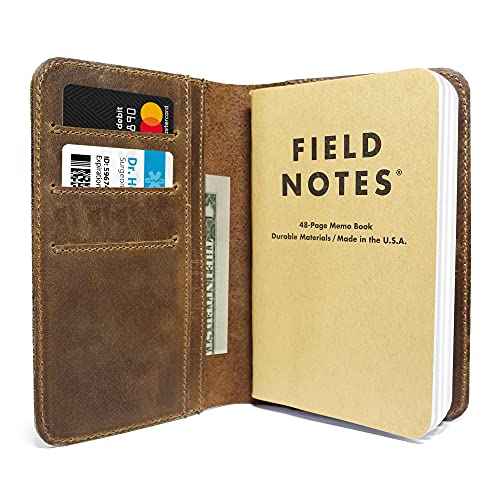 Jack's Point Leather Field Notes Cover for Memo - Pocket Sized Notebook, fits 3.5¡± x 5.5¡± Notebooks, Hand Stitched Brown Real Top Grain Leather, Multiple Pockets for Extra Functionality