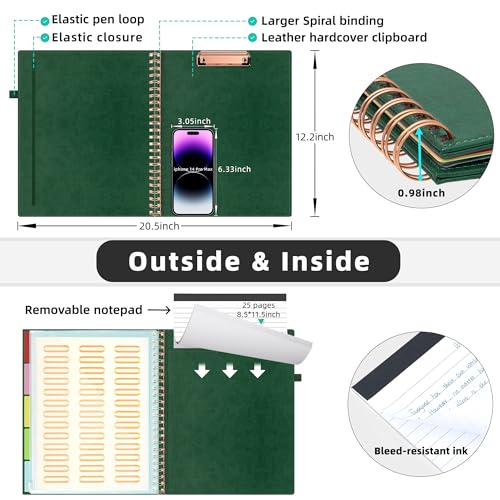 Ospelelf Green Leather Clipboard Folio with Notepad, 5 File Folders & 39 Labels
