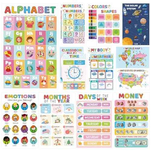 16 Educational Posters for Toddlers, Laminated Classroom Learning Posters, Kindergarten Classroom Must Haves, Preschool Homeschool Supplier Materials Alphabet Number Chart Classroom Wall Decor (New version, no printing errors)