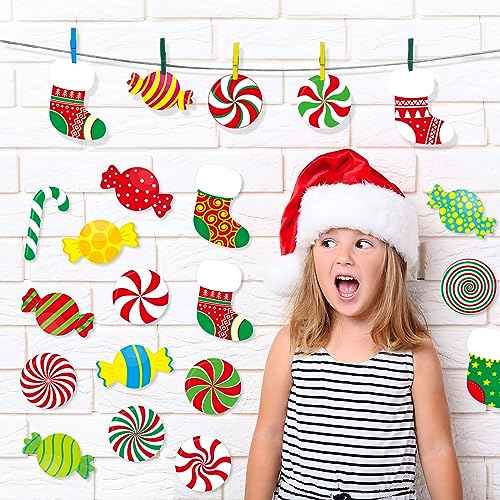 76 Pcs Christmas Cutouts Christmas Decorations Candy Cutouts Xmas Bulletin Board Decor for Classroom Xmas Stocking Wall Cutout Holiday Party Decor Decorations for Home Classroom