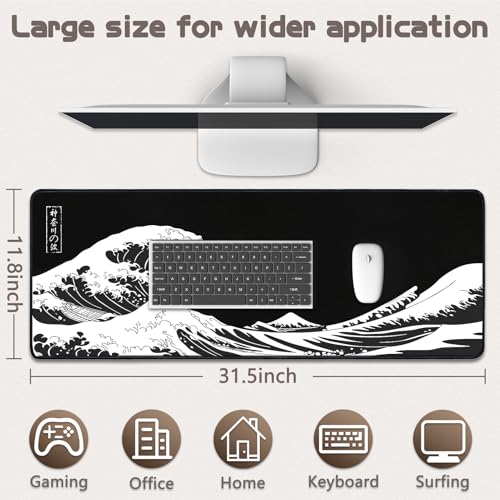Yuhijoy Black Wave Large Gaming Mouse Pad 31.5 x 11.8 inch Desk Mat for Gaming and Office