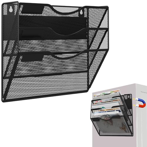LQPAFZ 3-Tier Black Magnetic File Holder - No Drilling Wall Organizer for Documents & Magazines