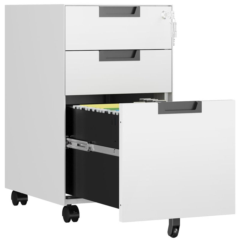 AFAIF 3 Drawer File Cabinet with Lock, Fully Assembled Metal Mobile Filing Cabinets for Home Office, Small Rolling File Caninet on Wheels for Legal/Letter / A4 File, White