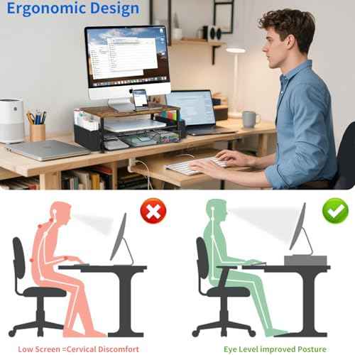 AUPSEN Wood Desk Organizers and Accessories, 2-Tier Computer Monitor Stand Riser with Drawer, Pen Storage & Phone Holder, Office Desk Accessories, Workspace Desktop Organization for Office Supplies£¨Brown£©