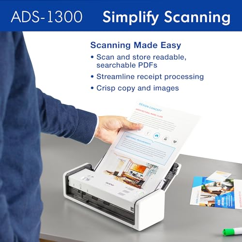 Brother ADS-1300 Current Model Compact Desktop Scanner - 30ppm Double-Sided USB Scanner