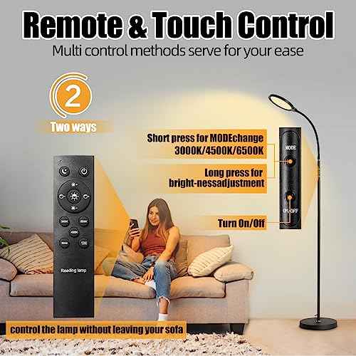 LED Floor Lamp, Reading Light, Bright Modern Tall Lamp, 3 Color Temperatures & Brightness, Adjustable Gooseneck Standing Lamp with Remote & Touch Control for Living Room, Bedroom, Office