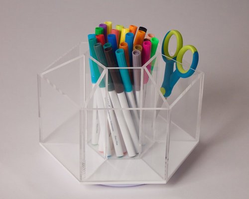 Clear Rotating Desktop Organizer – 7 Compartment Hexagon Acrylic Desk and Table Top Stationary Sorter – Stylish Holder for Office Supplies, Pens, Pencils and More - by Designstyles