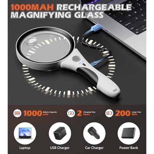 Rechargeable Magnifying Glass with Light - Recant 10X 20X 45X Illuminated Magnifier Handheld Lighted Magnifying Glasses with 18LED Cold & Warm Light 3 Modes for Seniors Reading Close Work