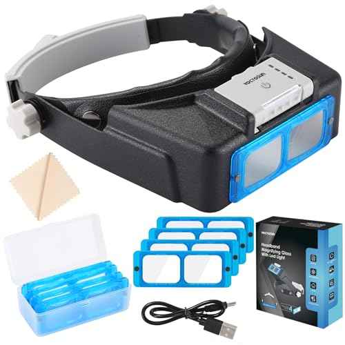 YOCTOSUN Magnifying Glasses with Light for Close Work, Rechargeable Headband Magnifier with 4 Lenses 1.5X-3.5X, Hands Free Magnifying Glass Visor for Jewelers, Crafts, Hobby