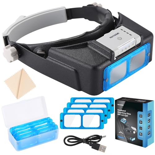 YOCTOSUN Magnifying Glasses with Light & 4 Interchangeable Lenses, Grey & Black Headband