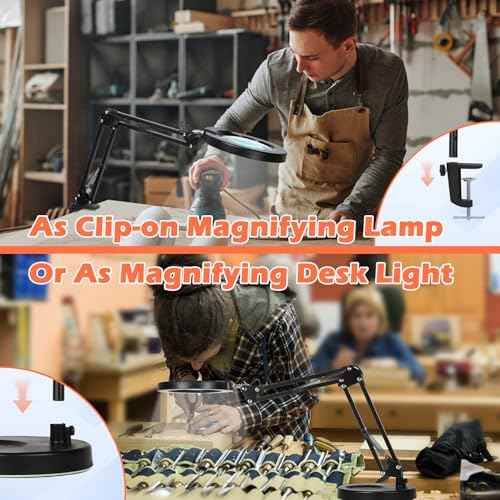 10X Magnifying Glass with Light and Stand, Real Glass Lens Magnifying Desk Lamp, Lighted Magnifier with Light Stepless Dimming Hands Free for Craft, Reading, Painting, Sewing, Solder