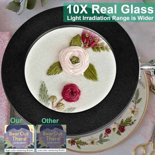 10X Magnifying Glass with Light and Stand, 2-in-1 LED Magnifying Lamp, 3 Color Stepless Dimming Magnifier with Light, Real Optical Glass Magnifier Lamp for Crafts Repair Close Work- Black