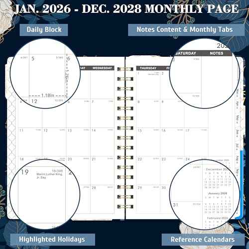 2026-2028 Monthly Planner/Calendar - 3 Year Monthly Planner 2026-2028, 6.3" x 8.4", Jan 2026 - Dec 2028, Months Tabs, Inner Pocket, Elastic Closure, Twin-Wire Binding