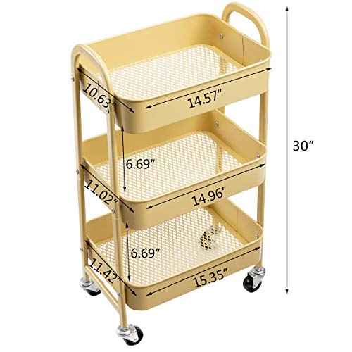 AGTEK Makeup Cart, Movable Rolling Organizer Cart, Khaki Yellow 3 Tier Metal Utility Cart