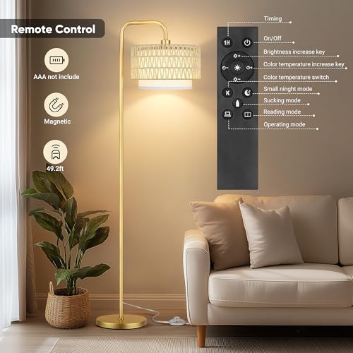PARTPHONER Gold Floor Lamp for Living Room, Farmhouse Tall Lamp with 3 Color Temperatures Remote & Dimmable Bulb, Beige Rattan and Fabric Shades for Bedroom Study Room Office