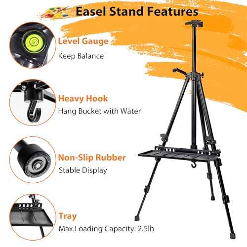 Easel Stand for Painting Artist Easel Stand Adjustable Height 20" to 61" Metal Tripod Art Easels Stand for Painting Canvases Tabletop Floor Art Easel Stand with Tray, Bag, Folding Keg, Black