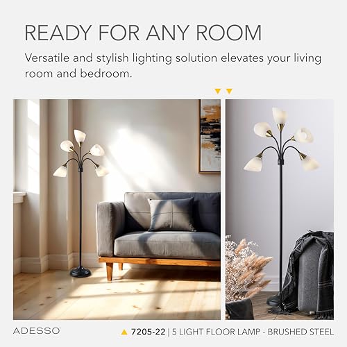 Adesso Floor Lamp with 5 Movable Shades & Adjustable Brightness ? Perfect Lighting for Bedroom Decor, Beauty & Art Studio, Silver